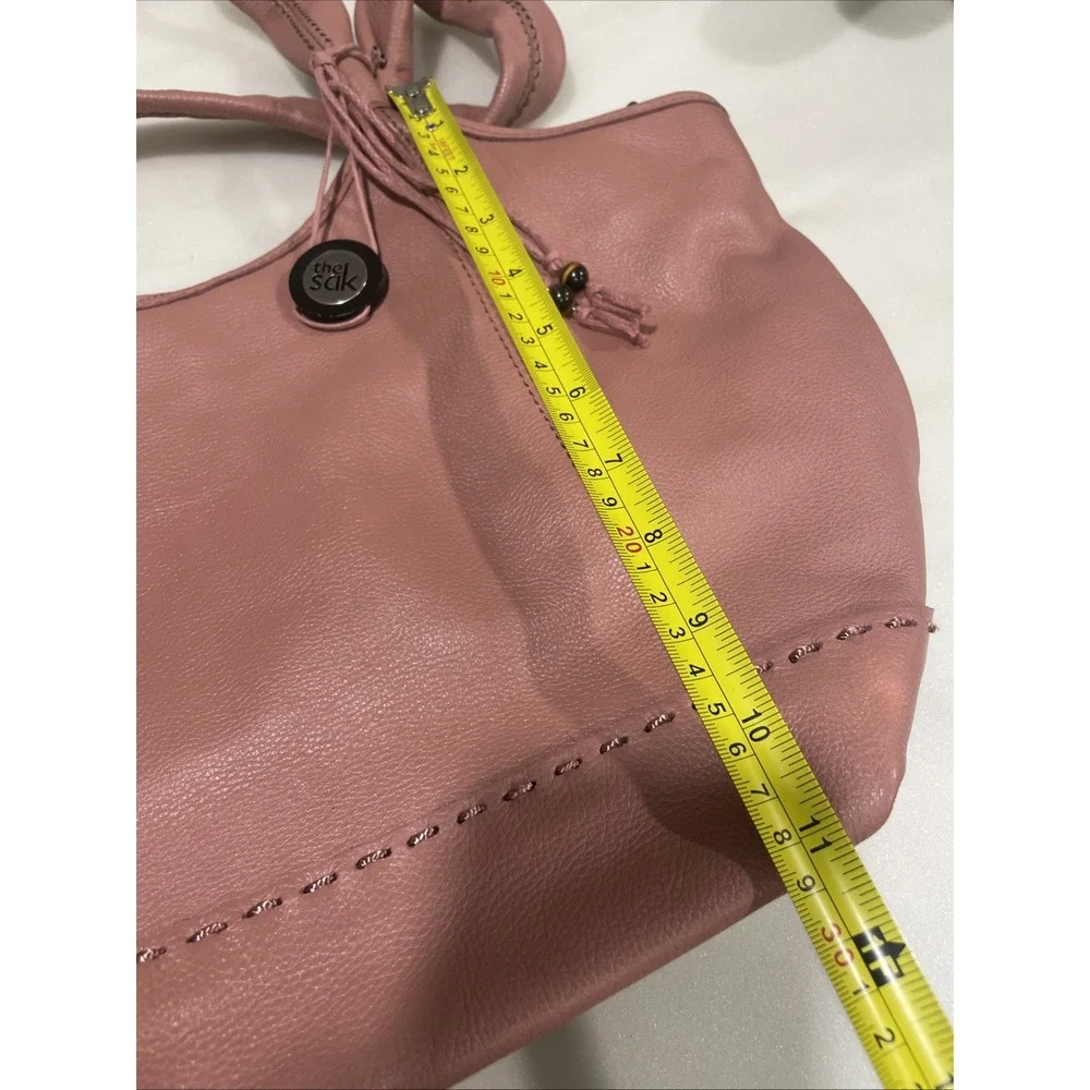 The Sak Leather Shoulder Bag Pink Tassels‎ Stitch Fun Lining Hobo EUC Boho